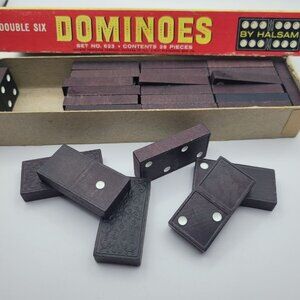 Halsam Double Six Dominoes Set 623 28 Pieces Playskool Black Wood‎ Game Vintage